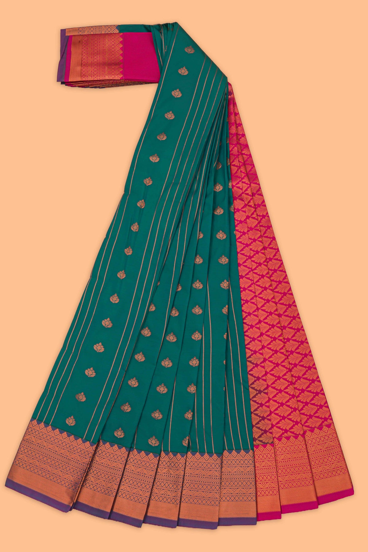 Green striped floral motifs design art tissue saree with contrast border and blouse