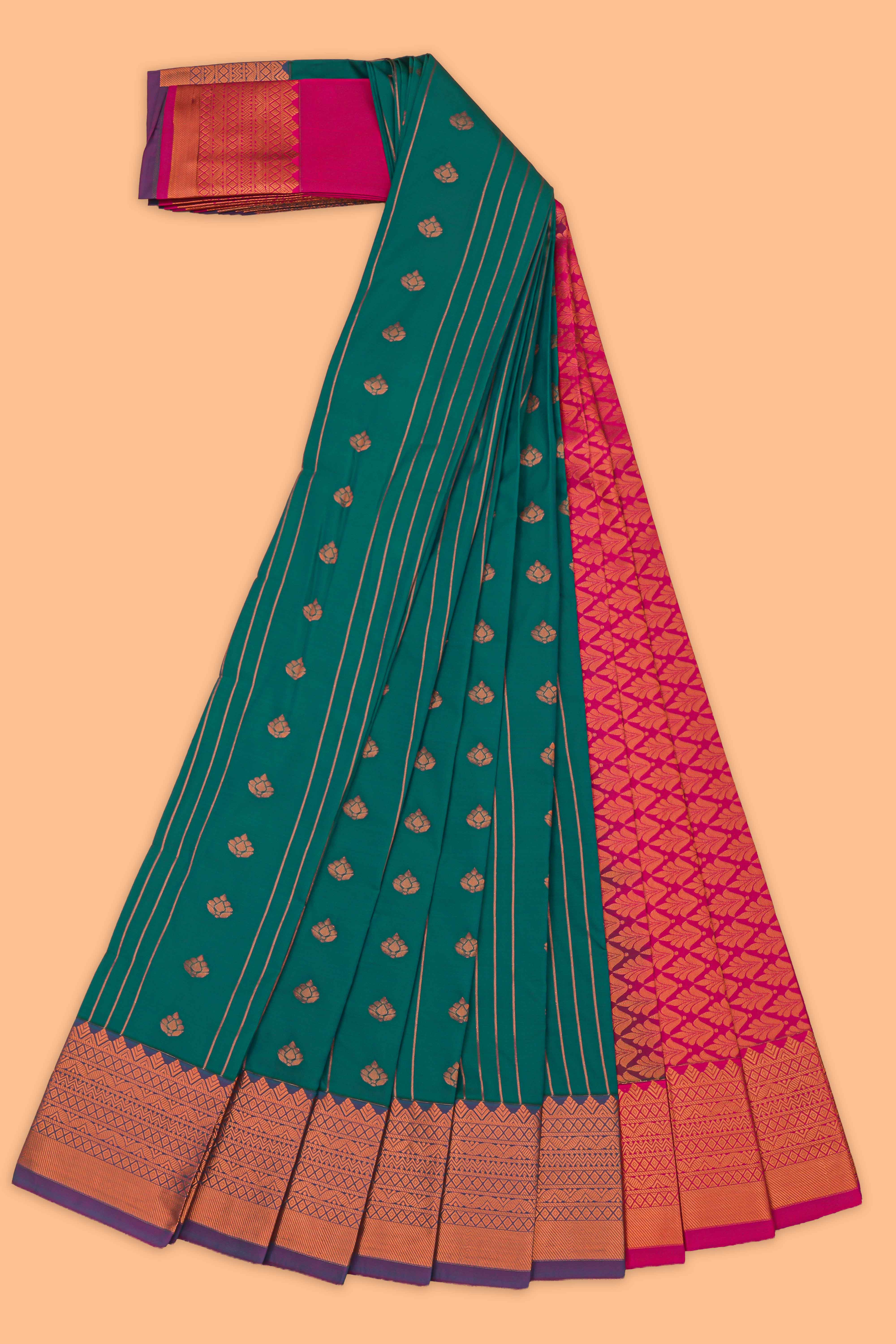 Green striped floral motifs design art tissue saree with contrast border and blouse