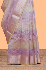 Multi color crush art tissue saree with self design border and contrast zari blouse