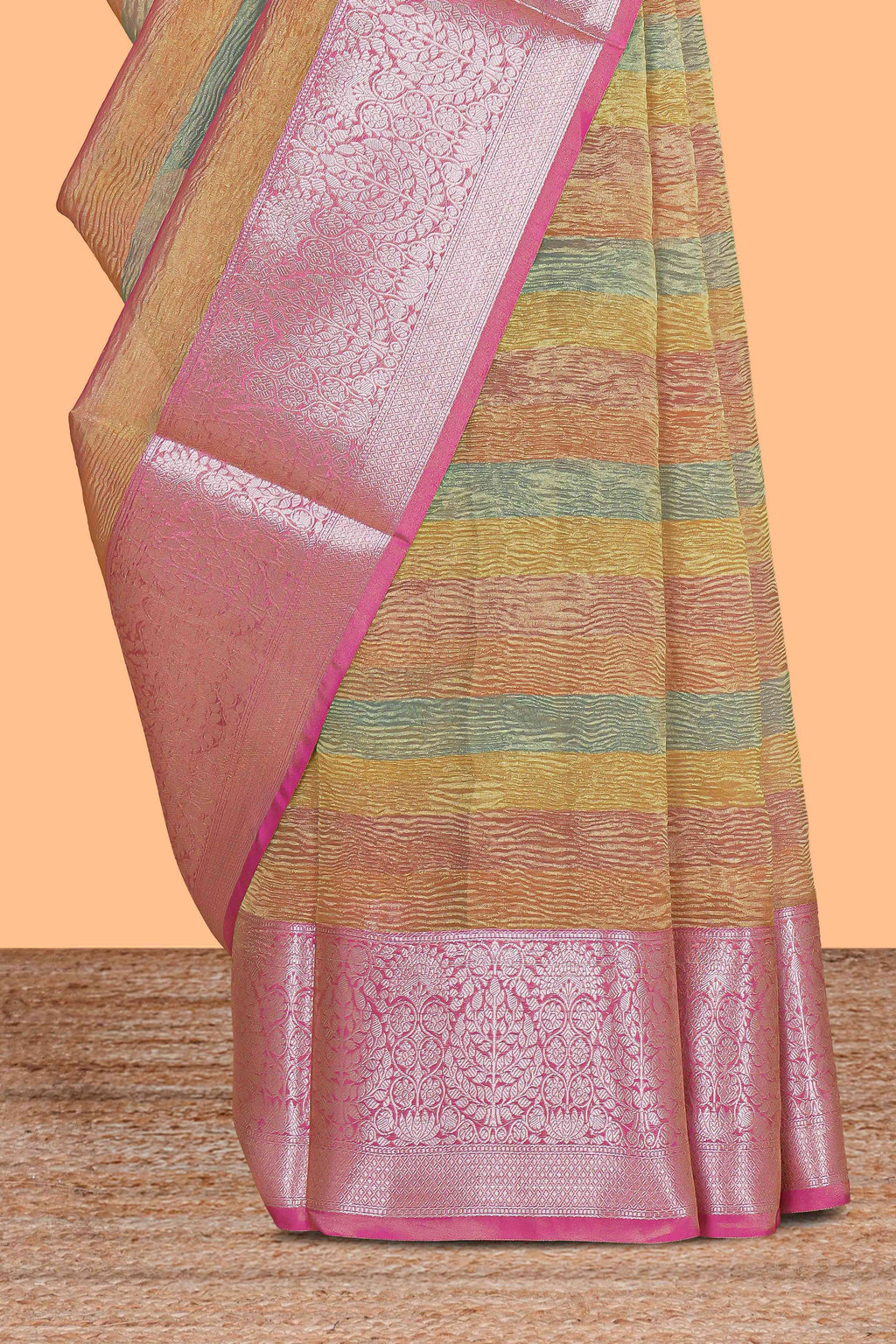 Multi color crush art tissue saree with contrast design border and matching zari blouse