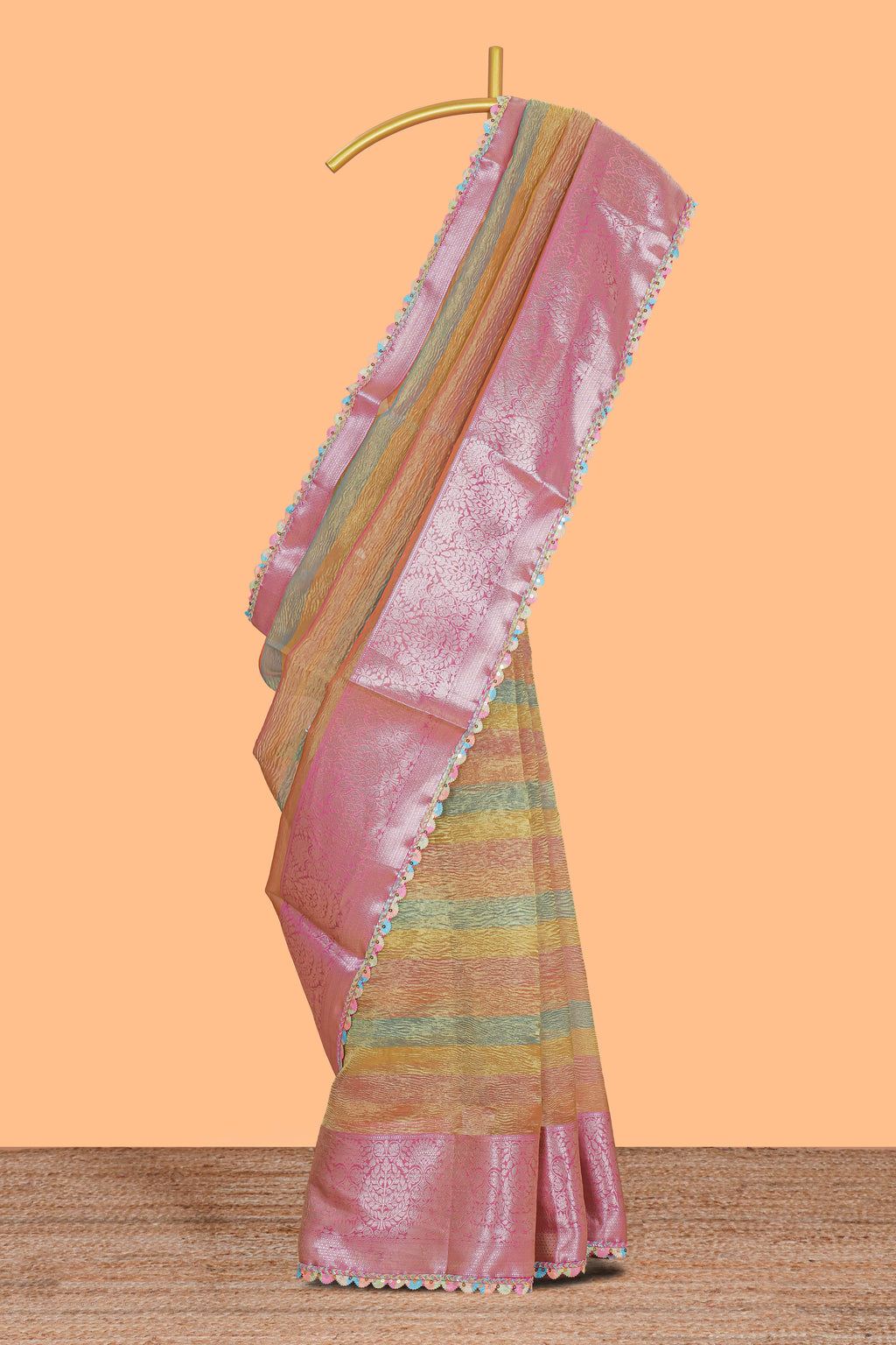 Multi color crush art tissue saree with contrast scallop design border and matching zari blouse