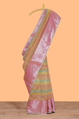 Multi color crush art tissue saree with contrast scallop design border and matching zari blouse