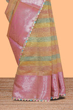 Multi color crush art tissue saree with contrast scallop design border and matching zari blouse