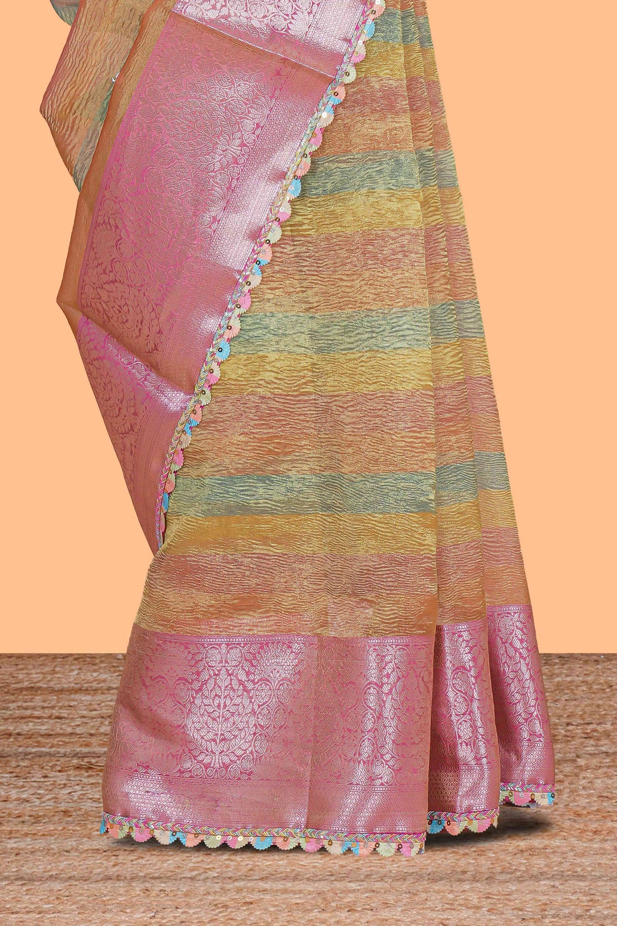Multi color crush art tissue saree with contrast scallop design border and matching zari blouse