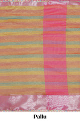 Multi color crush art tissue saree with contrast scallop design border and matching zari blouse