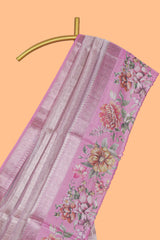 Pink striped design crush tissue saree with contrast floral border and matching blouse