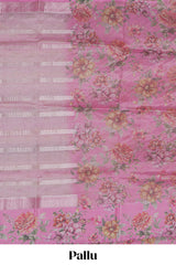 Pink striped design crush tissue saree with contrast floral border and matching blouse