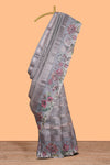 Grey striped design crush tissue saree with contrast floral border and matching blouse