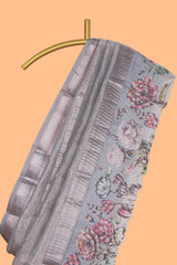 Grey striped design crush tissue saree with contrast floral border and matching blouse