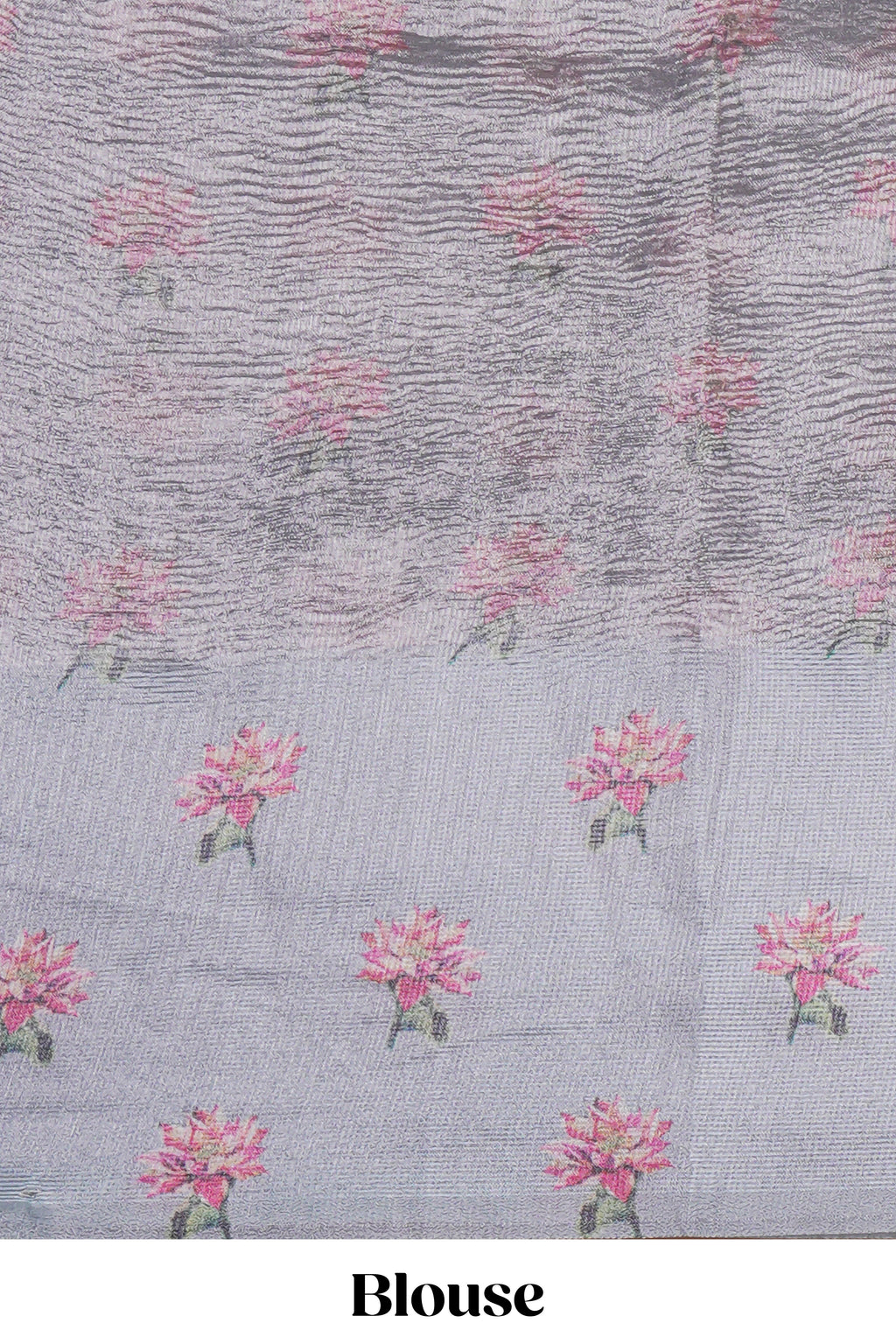 Grey striped design crush tissue saree with contrast floral border and matching blouse