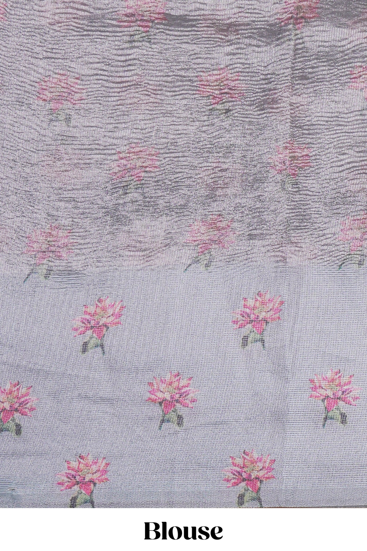 Grey striped design crush tissue saree with contrast floral border and matching blouse