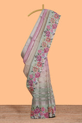 Green striped design crush tissue saree with contrast floral border and matching blouse