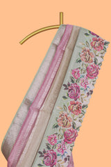 Green striped design crush tissue saree with contrast floral border and matching blouse