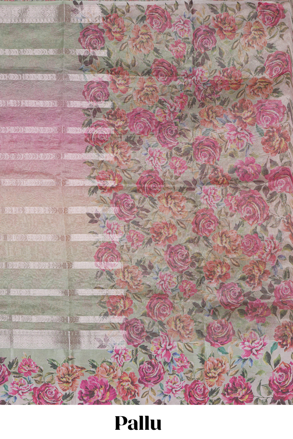 Green striped design crush tissue saree with contrast floral border and matching blouse