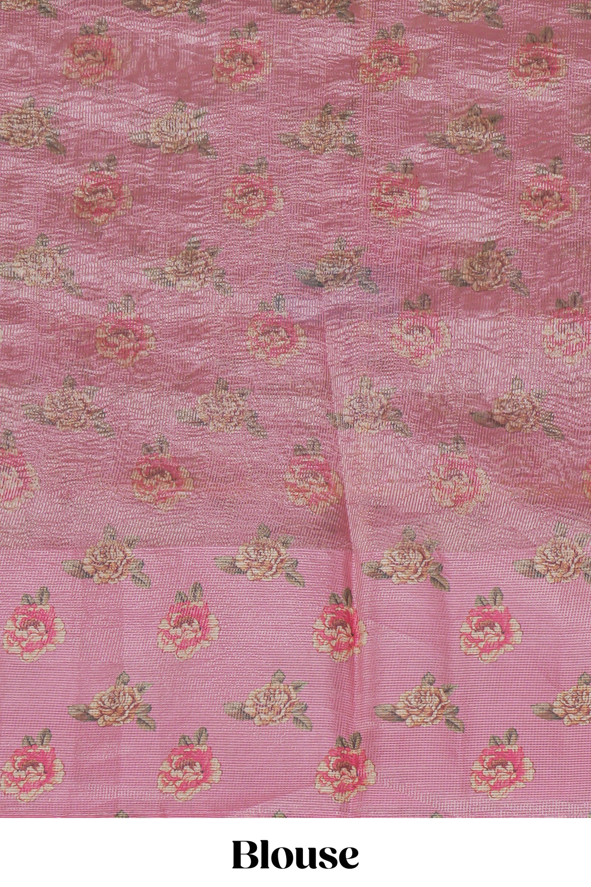 Peach striped design crush tissue saree with contrast floral border and matching blouse