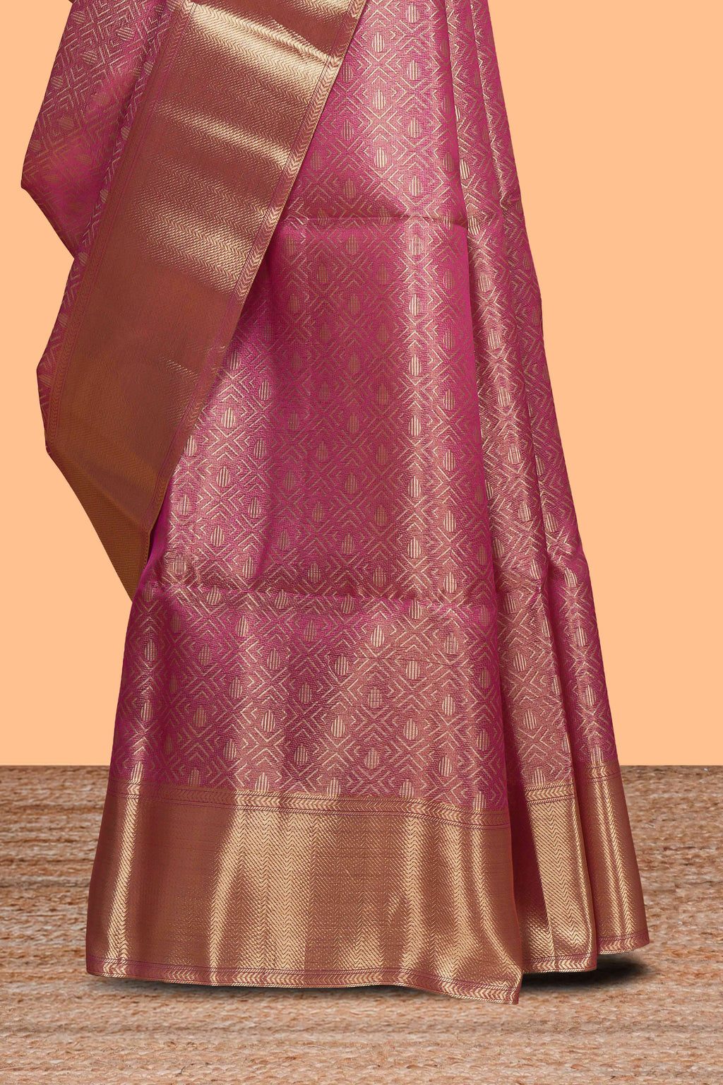 Pink geometric zari design art tissue saree with self zari border and matching blouse