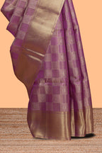 Magenta checked floral motifs design art tissue saree with self zari border and matching blouse
