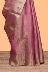 Pink floral vine design art tissue saree with self zari border and contrast blouse