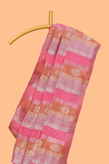 Borderless pink striped zari motifs art tissue saree with self pallu and matching blouse