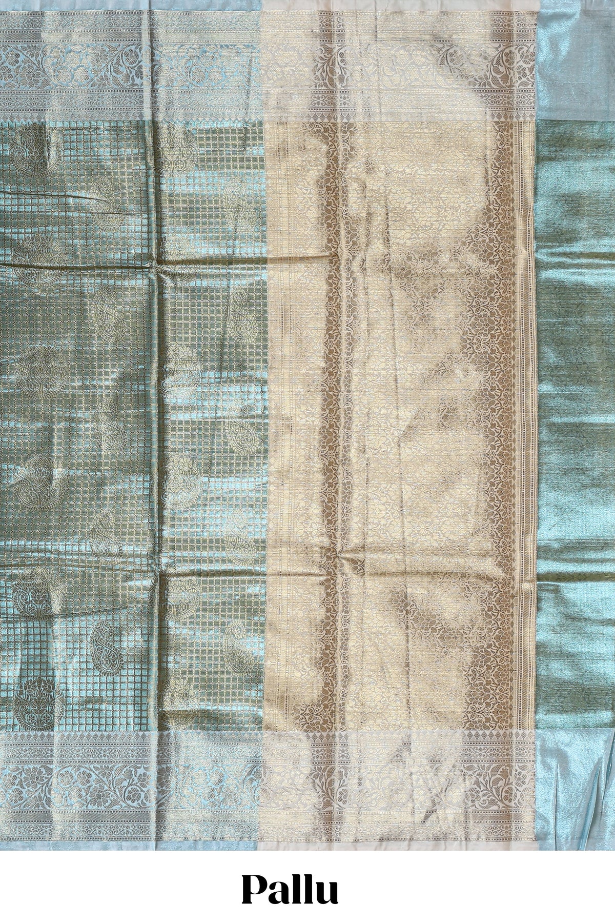 Blue checked zari motifs design art tissue saree with Self zari border and contrast blouse