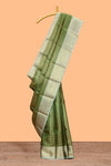 Green zari design art tissue saree with contrast zari border and motifs blouse