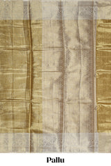 Golden zari checked motifs design art tissue saree with contrast zari border and matching blouse