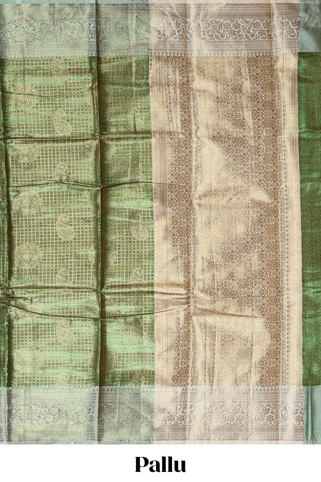 Green checked zari motifs design art tissue saree with self zari border and contrast motifs blouse