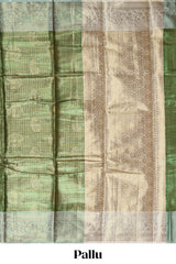 Green checked zari motifs design art tissue saree with self zari border and contrast motifs blouse