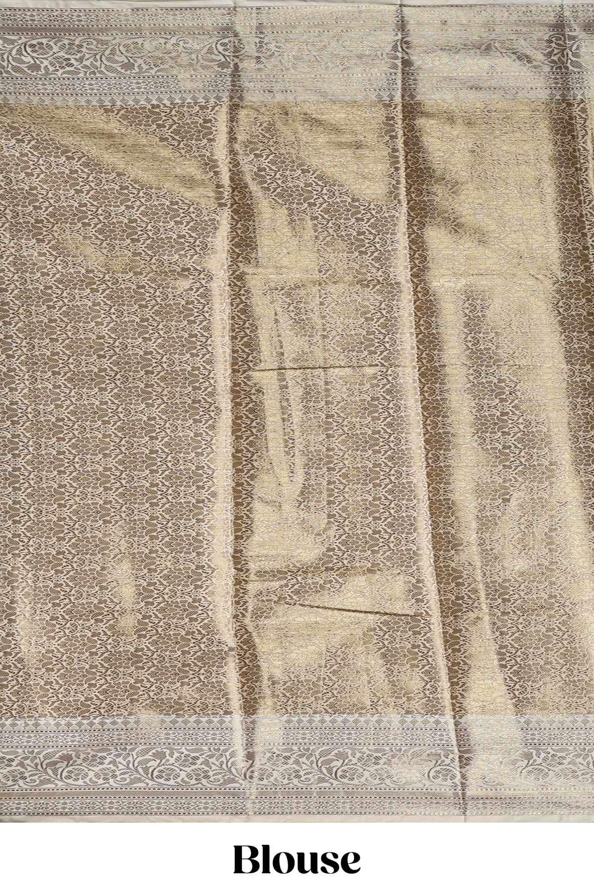 Green checked zari motifs design art tissue saree with self zari border and contrast motifs blouse