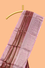 Pink checked zari motifs design art tissue saree with self zari border and contrast motifs blouse