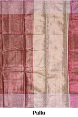 Pink checked zari motifs design art tissue saree with self zari border and contrast motifs blouse