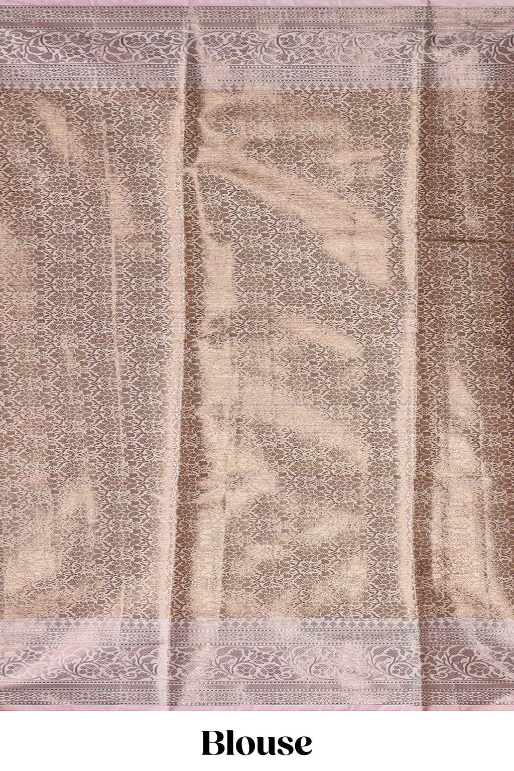 Pink checked zari motifs design art tissue saree with self zari border and contrast motifs blouse