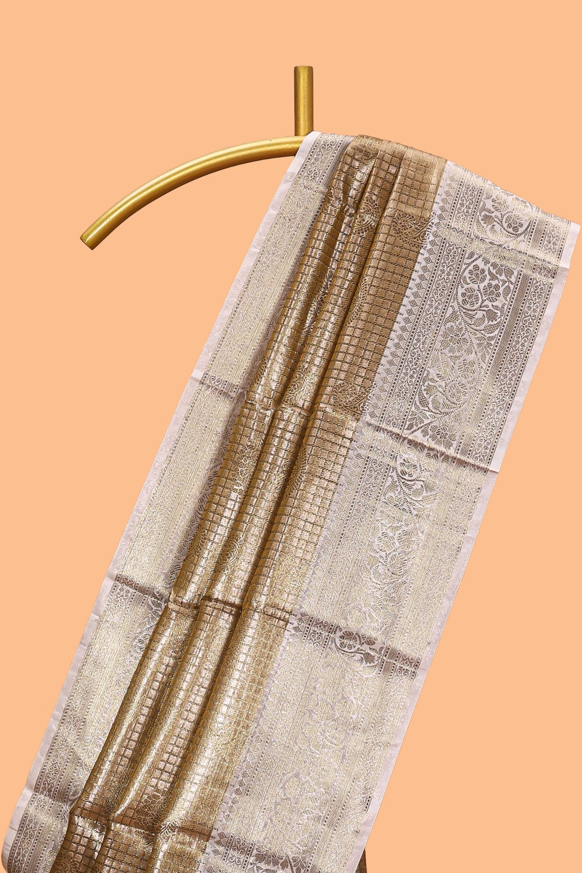 Golden beige checked zari motifs design art tissue saree with contrast zari border and matching printed blouse