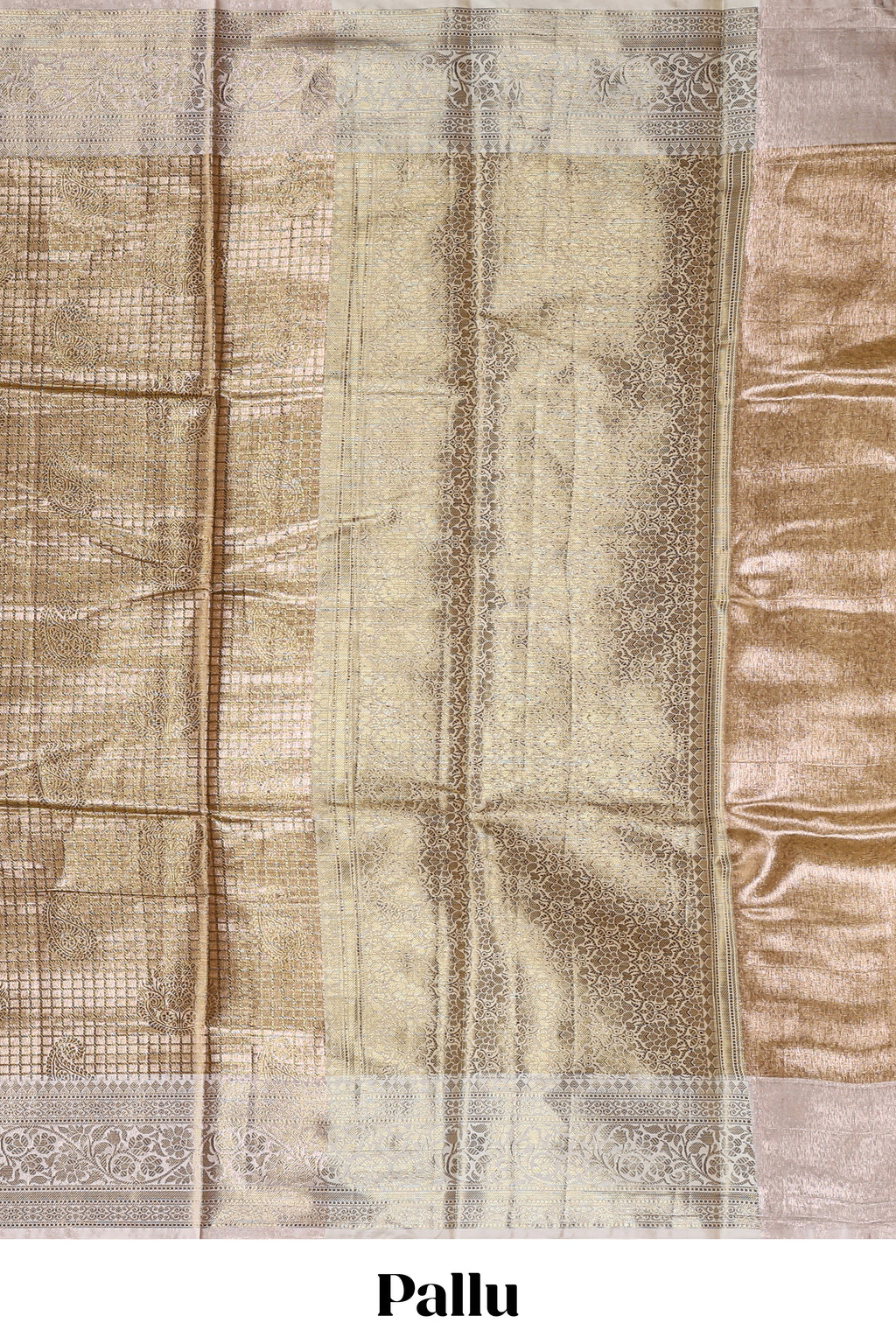 Golden beige checked zari motifs design art tissue saree with contrast zari border and matching printed blouse