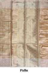 Golden beige checked zari motifs design art tissue saree with contrast zari border and matching printed blouse