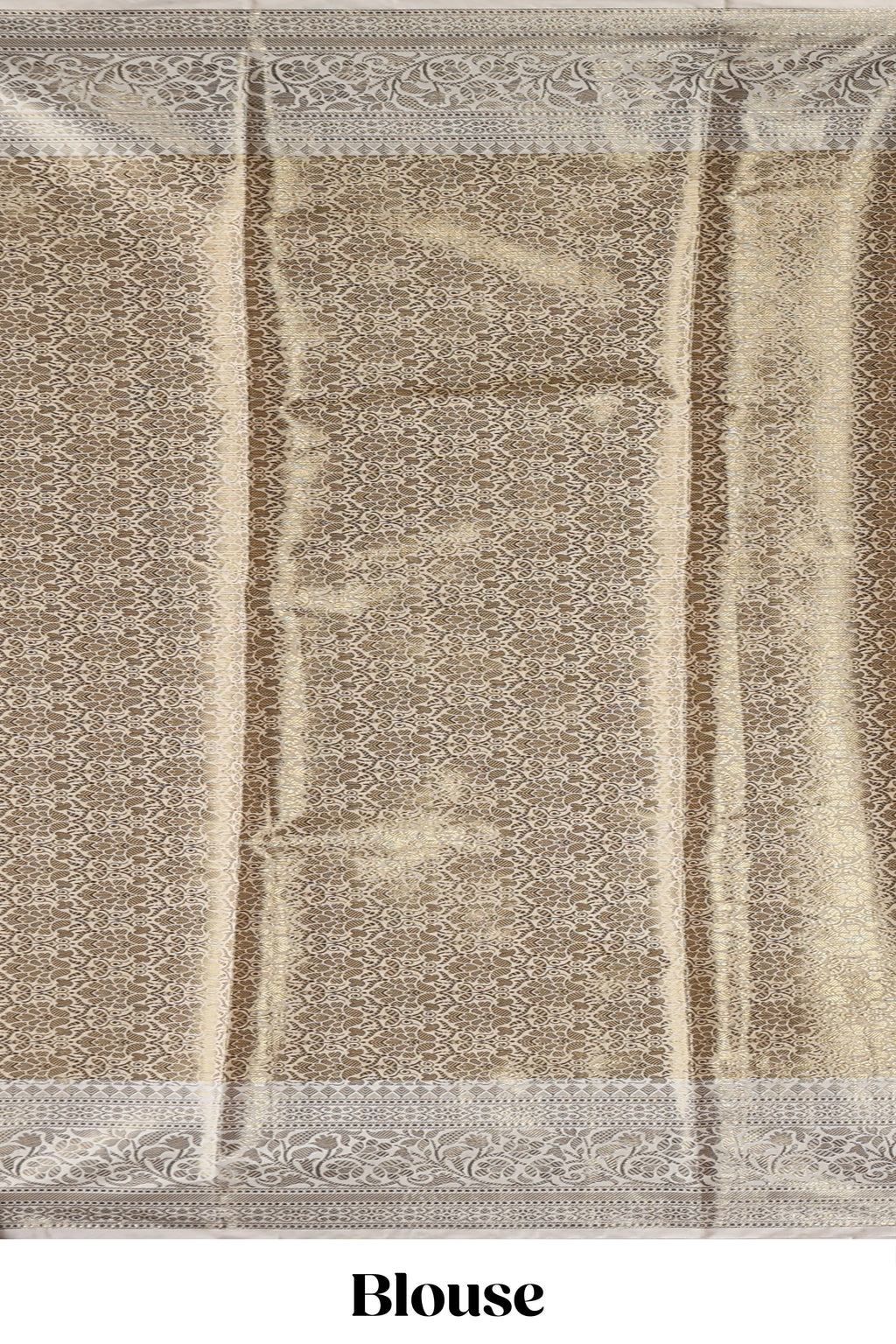 Golden beige checked zari motifs design art tissue saree with contrast zari border and matching printed blouse
