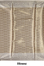 Golden beige checked zari motifs design art tissue saree with contrast zari border and matching printed blouse