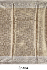 Golden beige checked zari motifs design art tissue saree with contrast zari border and matching printed blouse