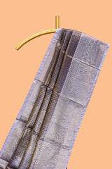 Lavender checked zari motifs design art tissue saree with contrast zari border and matching printed blouse