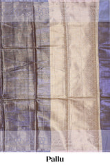 Lavender checked zari motifs design art tissue saree with contrast zari border and matching printed blouse