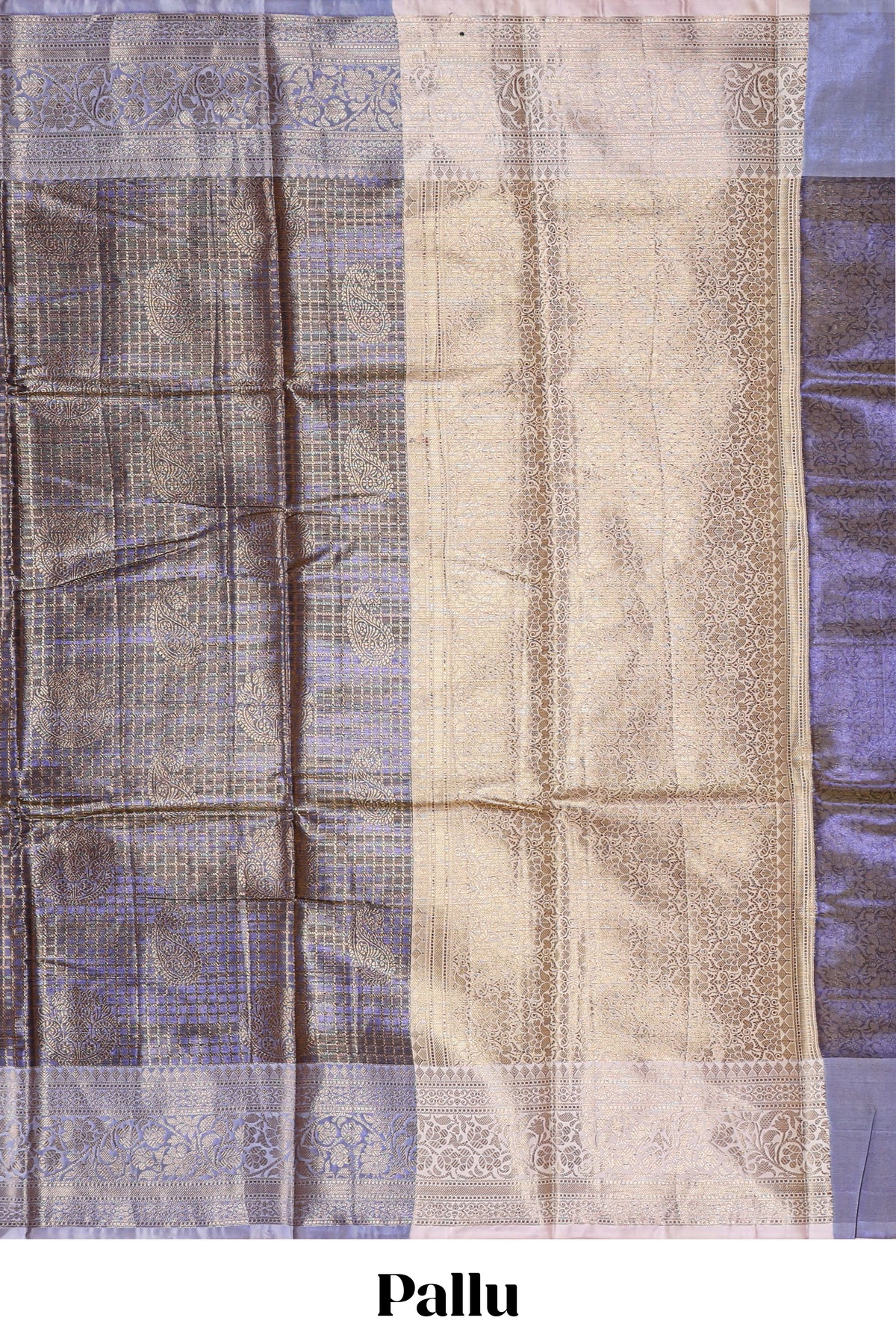 Lavender checked zari motifs design art tissue saree with contrast zari border and matching printed blouse