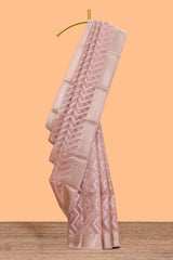 Peach chevron design art tissue saree with self zari border and matching printed blouse