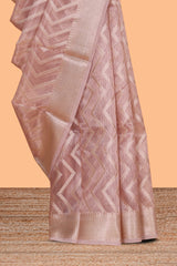 Peach chevron design art tissue saree with self zari border and matching printed blouse