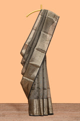 Charcoal grey unique zari design art tissue saree with self zari border and matching blouse