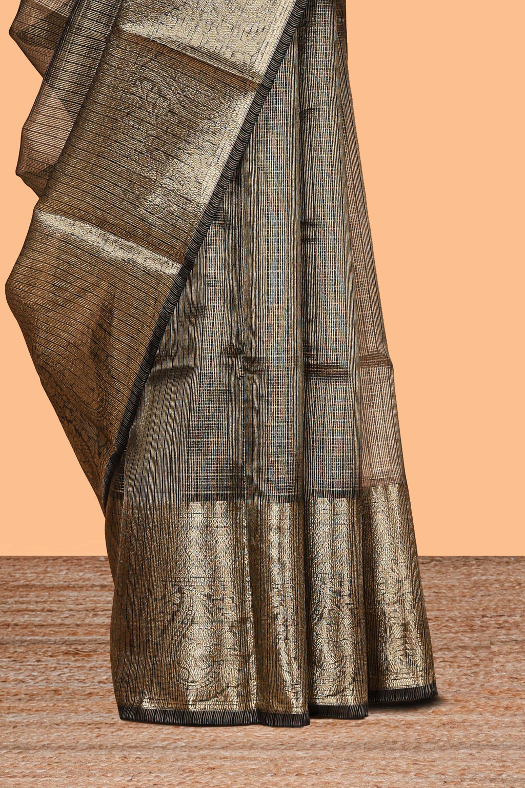 Charcoal grey unique zari design art tissue saree with self zari border and matching blouse