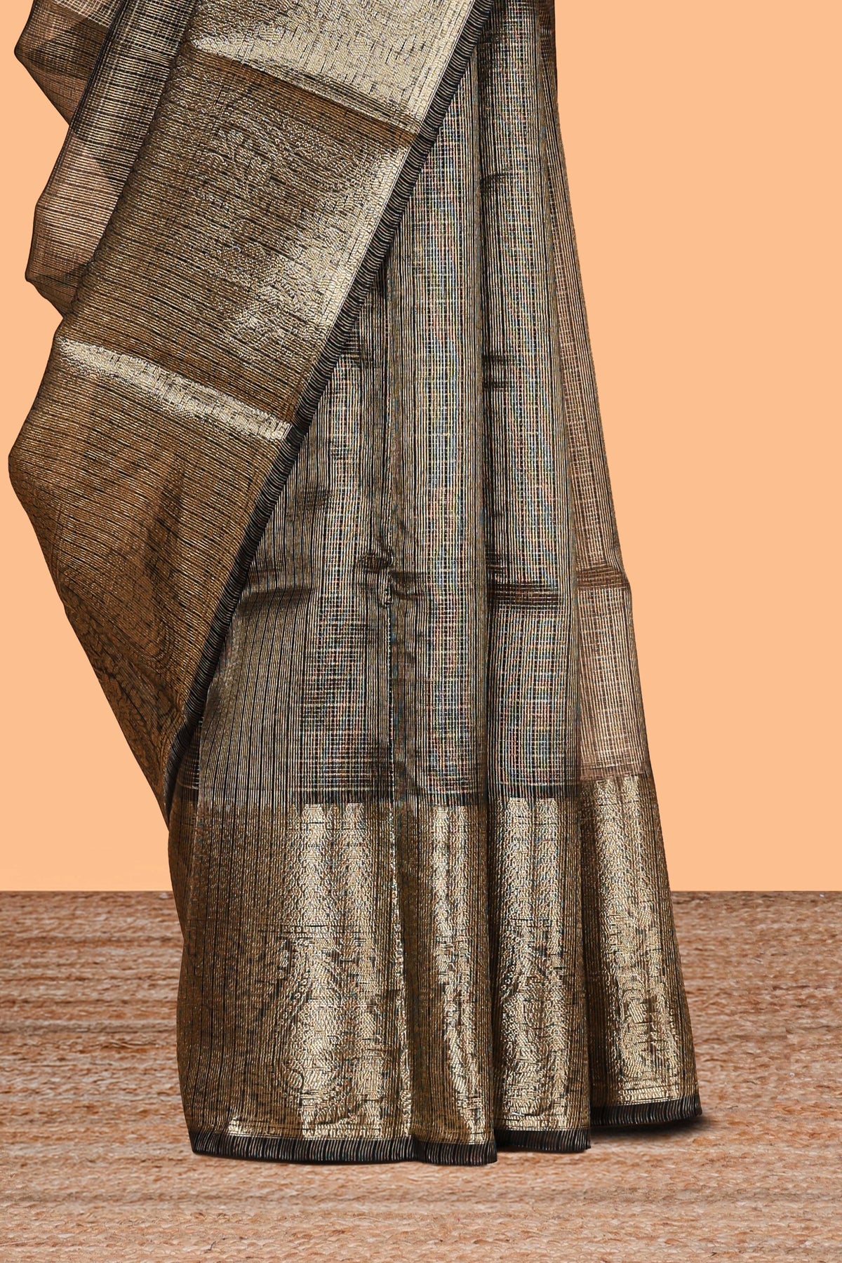 Charcoal grey unique zari design art tissue saree with self zari border and matching blouse