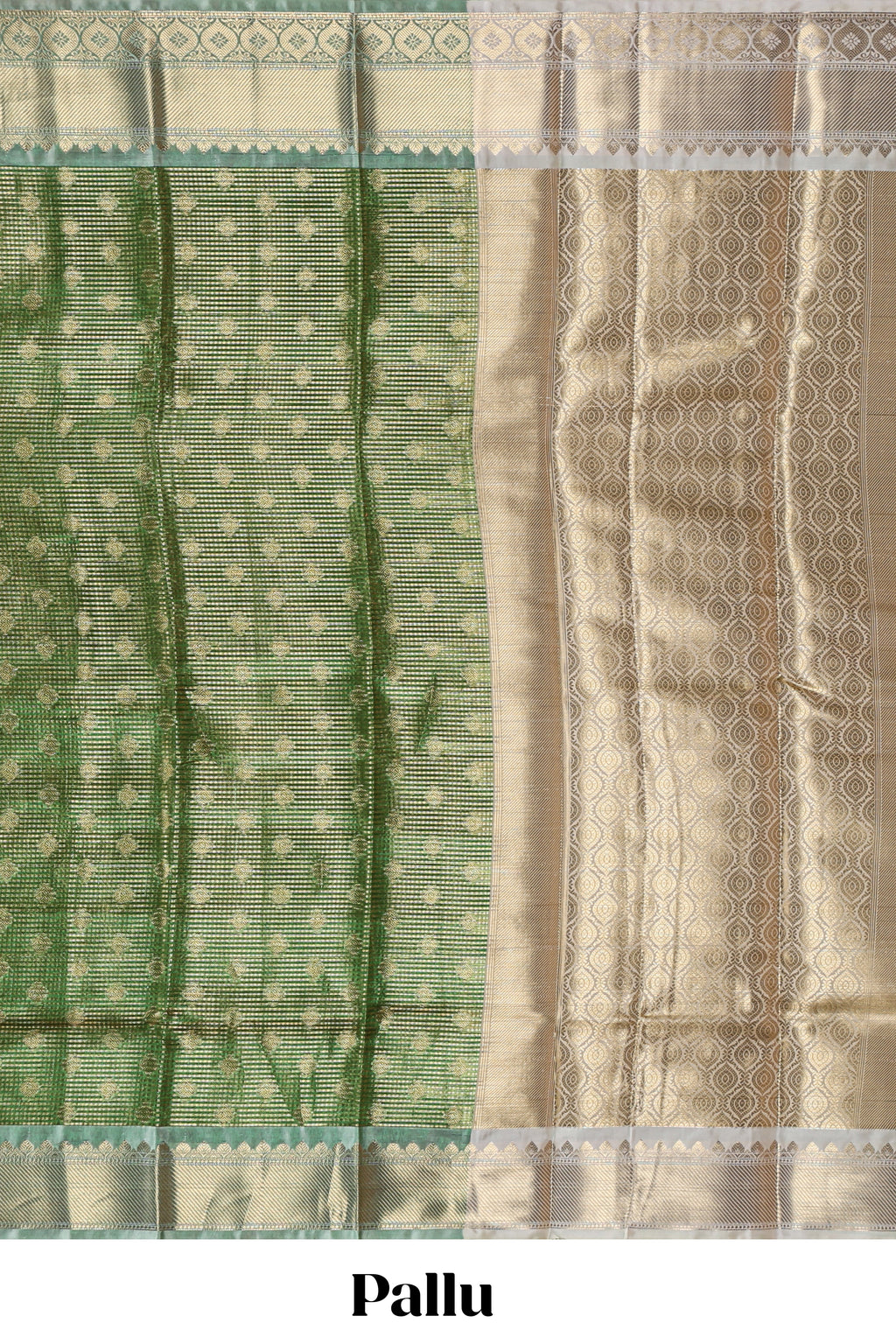 Green unique design zari motifs art tissue saree with contrast border and blouse
