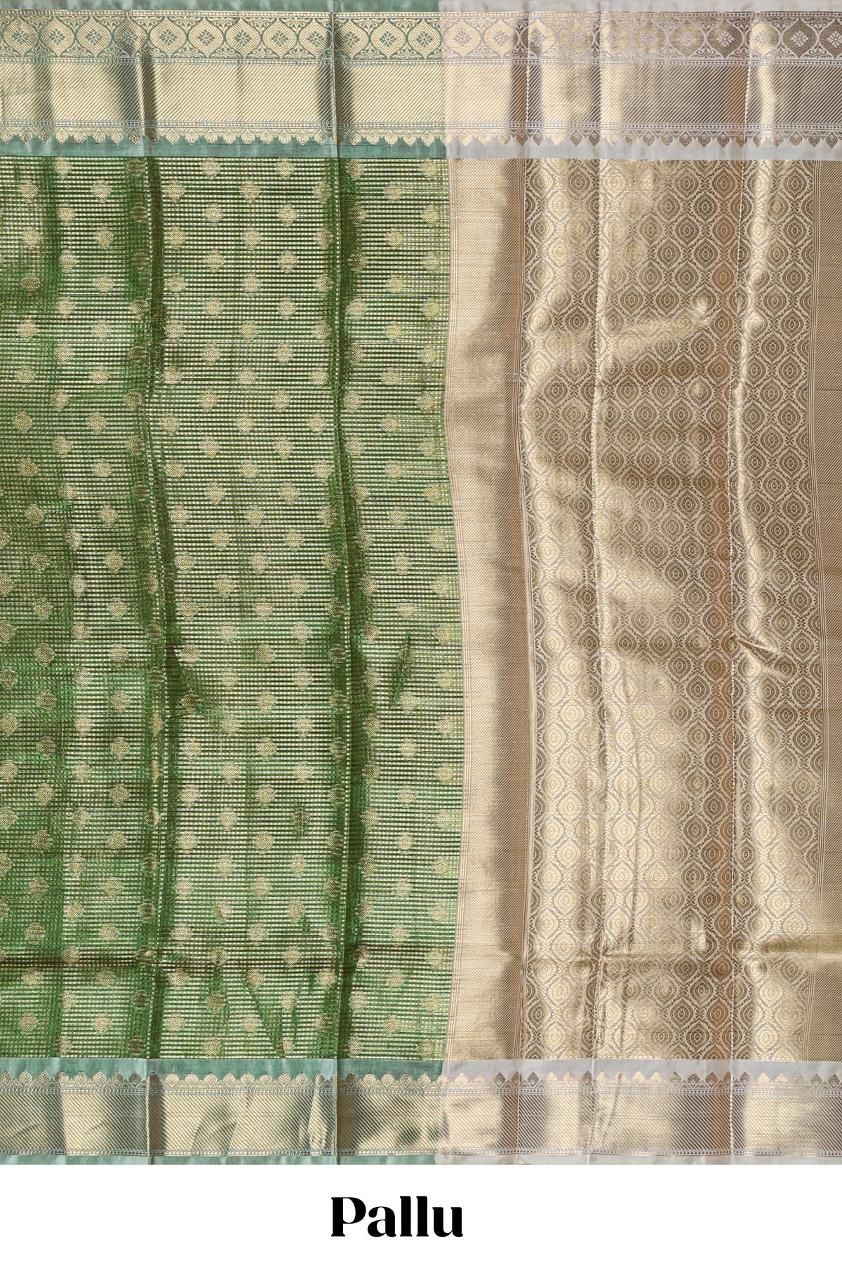 Green unique design zari motifs art tissue saree with contrast border and blouse