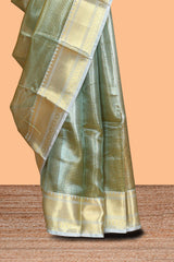 Blue small zari checks design art tissue saree with contrast border and blouse