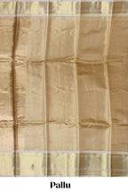 Gold small zari checks design art tissue saree with contrast border and blouse
